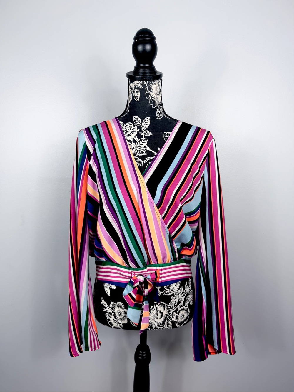 Express rainbow stripe cropped long bell sleeve faux wrap top size medium
